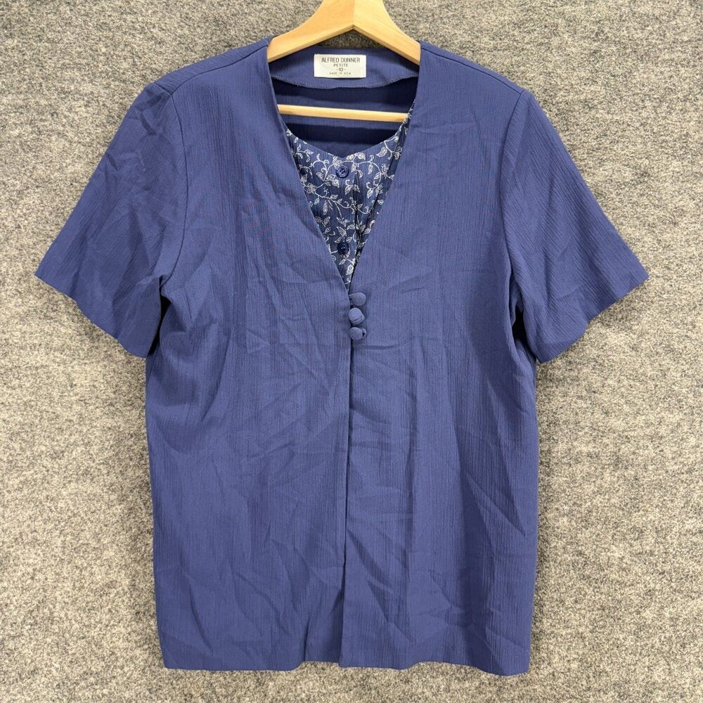 Alfred Dunner Blouse Women 10P Petite Blue V-Neck Short Sleeve Button Casual